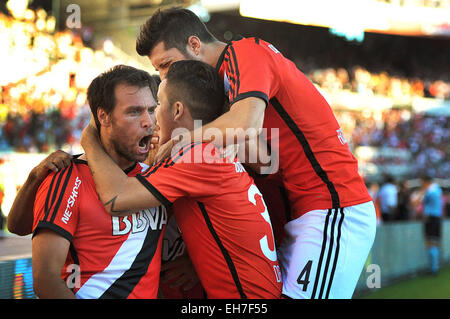 Buenos Aires, Argentina. 8th Mar, 2015. River Plate's Fernando Cavenaghi (L) celebrates with his teammates after scoring during the match of the Argentinean soccer against Union de Santa Fe, held in the Monumental Stadium in Buenos Aires, Argentina, March 8, 2015. © TELAM/Xinhua/Alamy Live News Stock Photo