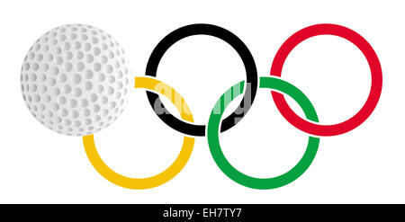 Olympic style rings with a golf ball set over a white backrounds Stock Photo
