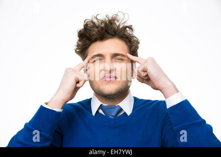 Pensive man with curly hair isolated on a white background Stock Photo