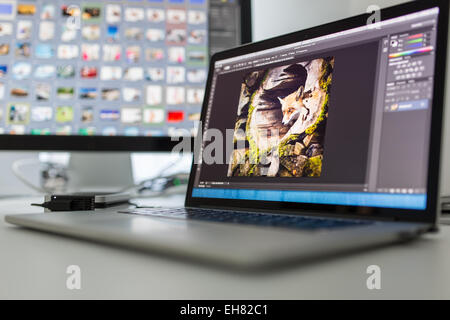 Photographers computer with photo edit apps/programs running - images being worked on, finely tuned to look their best. Stock Photo