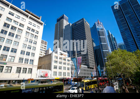 George Street, the main road right in the centre of Sydney, Australia; Town Hall Square; tall buildings; Sydney CBD; Sydney city centre; cityscape Stock Photo