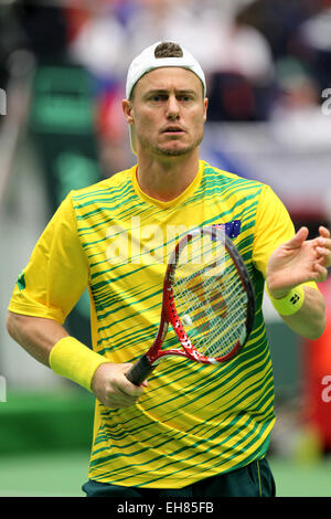 Ostrava, Czech Republic. 7th Mar, 2015. Lleyton Hewitt of Australia in action during the Davis Cup World Group first round doubles tennis match against Jiri Vesely and Adam Pavlasek of the Czech Republic in Ostrava, Czech Republic, Saturday, March 7, 2015. © Petr Sznapka/CTK Photo/Alamy Live News Stock Photo