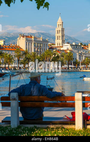 St. Domnius Cathedral Bell Tower and picturesque harbour, Stari Grad (Old Town), Split, Central Dalmatia, Croatia, Europe Stock Photo