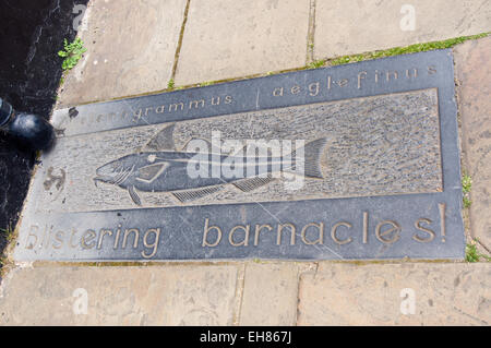 Slate paving slab with an engraving of a haddock, Seven Seas Fish Trail, Kingston upon Hull, East Riding, Yorkshire, England Stock Photo