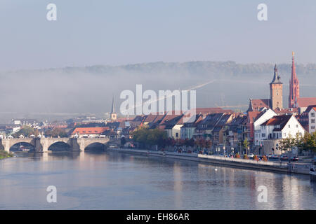 View over Main River to the Old Bridge, Marienkapelle Church and Grafeneckart Tower, Wuerzburg, Franconia, Bavaria, Germany Stock Photo