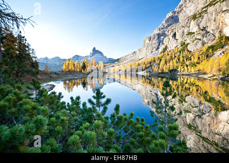 The peak of the Becco di Mezzodi, in the Dolomites, reflecting in the Federa lake, Trentino-Alto Adige, Italy Stock Photo
