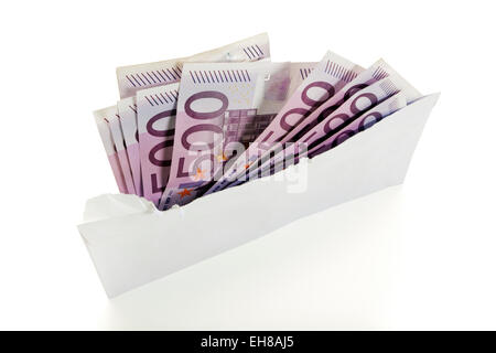 Black money - ten five hundred euro bills in envelope, torn open Stock Photo