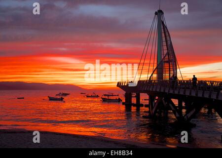 Promenade and beach in Downtown at sunset, Puerto Vallarta, Jalisco, Mexico, North America Stock Photo