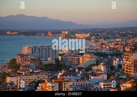 View over Downtown at sunset, Puerto Vallarta, Jalisco, Mexico, North America Stock Photo