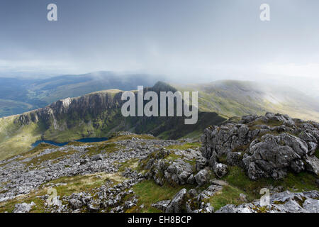 View south from the summit of Cadair Idris, towards Craig Cau. Snowdonia National Park. Gwynedd, Wales, UK.