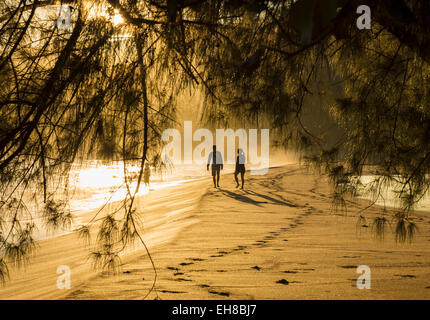 Couple walking along a Hawaiian beach at dawn with sunlight dappling through leaves Stock Photo