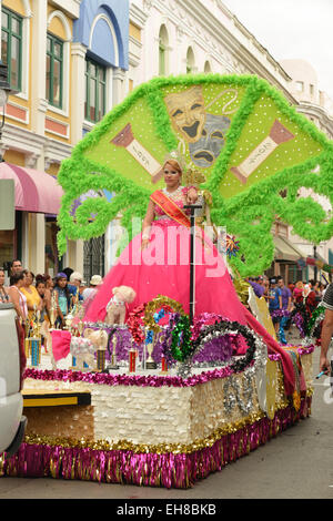 Beauty Queen parading in a float during carnival in Ponce, Puerto Rico. February 2015. Stock Photo