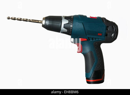 Cordless drill with large bit on white background Stock Photo
