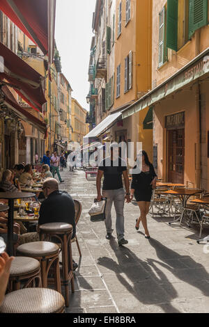 Nice, France, Cote d'Azur - The narrow streets and cafes in Nice old town in the late afternoon light Stock Photo