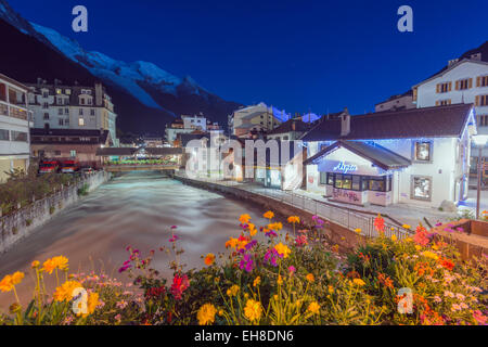 Europe, France, Haute Savoie, Rhone Alps, Chamonix Valley, Chamonix with Mont Blanc above Stock Photo