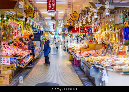Workers set up for the morning market in Hakodate, Japan. Stock Photo