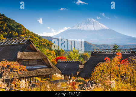 Iyashi-no-sato village with Mt. Fuji in Japan. Stock Photo