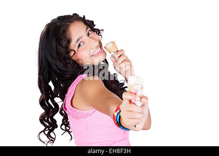 1 indian Young girl Teenager Delicious Cone Ice Cream Eating Stock Photo