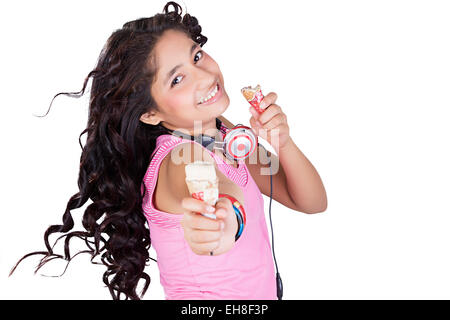 1 indian Young girl Teenager Delicious Cone Ice Cream Eating Stock Photo