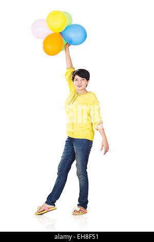 1 indian Adult woman Flying Balloon enjoy Stock Photo