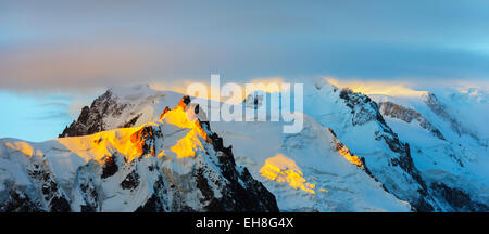 Europe, France, Haute Savoie, Rhone Alps, Chamonix Valley, Aiguille du Midi and Mont Blanc, sunrise Stock Photo