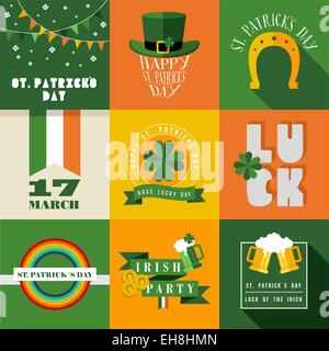 Set of flat design elements for St Patricks day. Ideal for greeting card, poster and web template. EPS10 vector. Stock Vector