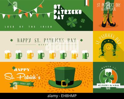 Set of flat design elements and banner for St Patricks day. Ideal for greeting card, poster and web template. EPS10 vector. Stock Vector