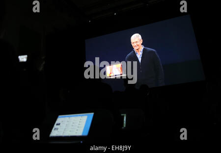 Berlin, Germany. 09th Mar, 2015. The Apple innovations presentation in San Francisco, USA, during which the company's CEO Tim Cook presents the new Apple MacBook, is broadcast on a screen in the Apple Store in Berlin, Germany, 09 March 2015. PHOTO: KAY NIETFELD/dpa/Alamy Live News Stock Photo