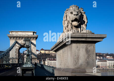 Guardian Lion statue on the Chain Bridge, Budapest, Hungary Stock Photo