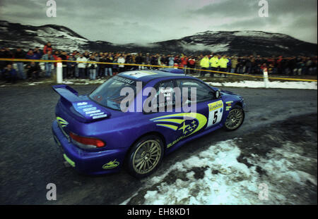 Richard Burns driving his Subaru Impreza WRC on a stage of the 1999 Monte Carlo Rally. Stock Photo