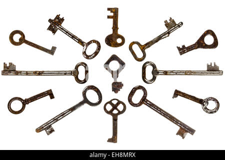 Set of old keys, isolated on white background Stock Photo