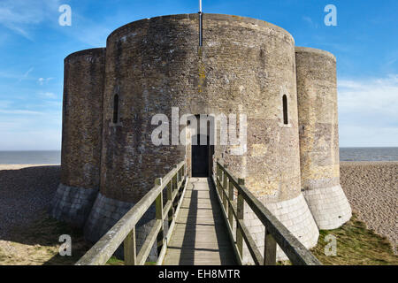 The quatrefoil Martello Tower (c. 1810) at Aldeburgh, Suffolk, UK, now contains holiday apartments for rent from the Landmark Trust Stock Photo