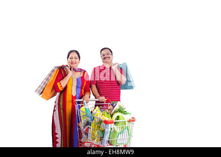 2 indian Seniors  Married couples trolley Shopping Stock Photo