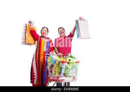 2 indian Seniors  Married couples trolley Shopping Stock Photo
