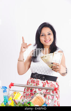1 indian Adult woman Trolley Shopping and money showing finger pointing Stock Photo
