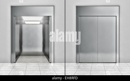 Elevator door illustration. Open and closed chrome metal office Stock