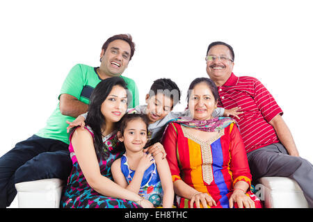 indian group crowds grand Parents Joint Family sitting Sofa Stock Photo