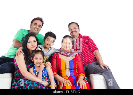 indian group crowds grand Parents Joint Family sitting Sofa Stock Photo