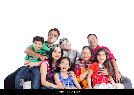 indian group crowds grand Parents Joint Family sitting Sofa Stock Photo