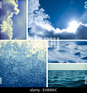 Collage with different natural climatic elements. Sky, clouds, sun, melting snow, snowdrifts, ocean Stock Photo