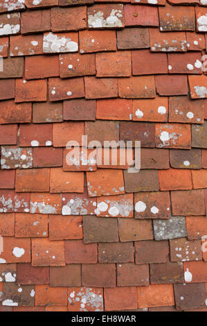 Overlapping mixed  handmade clay tiles roofing tile hanging on the surface of an oast house a cheap way of keeping out the rain Stock Photo