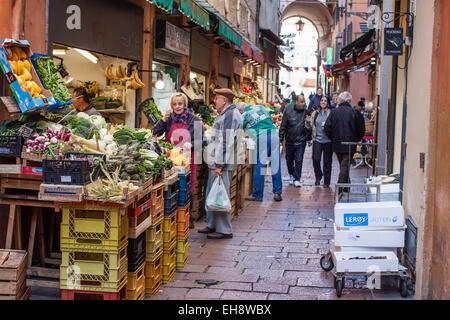 - November 18, 2014: Grocery stores in the 'Quadrilatero' in Bologna. The 'Quadrilatero' in Bologna, Italy, is an area enclosed Stock Photo