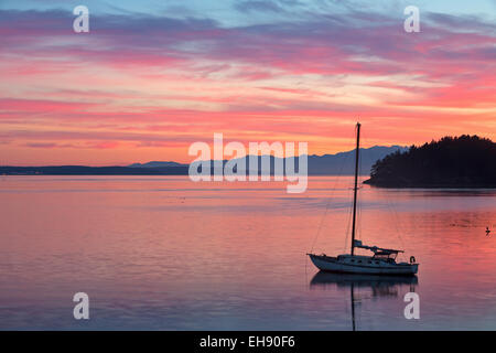 A sail boat is safe in harbor at Bowman Bay on Whidbey Island at sunset. Stock Photo