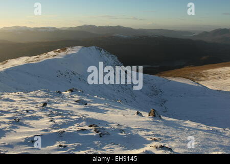 Helvellyn winter, Brown Cove Crags from Helvellyn lower man, skiddaw and thitlmere Stock Photo