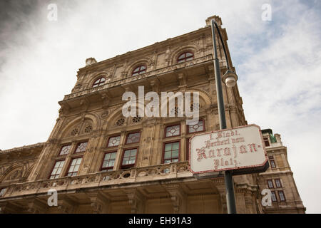 Herbert von Karajan plaza sign in front of the Vienna State Opera Stock Photo