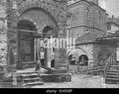 Hilandar Monastery is a Serbian Orthodox monastery on Mount Athos in Greece. It was founded in 1198 by the first Serbian Archbishop Saint Sava and his father, Serbian Grand Prince Stefan Nemanja, who later became a monk there. In the court of the Serbian Monastery of Hilendar, circa 1916 Stock Photo