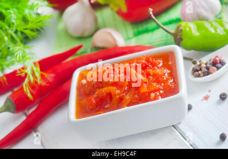 Fresh sauce from tomato and chilli peppers Stock Photo