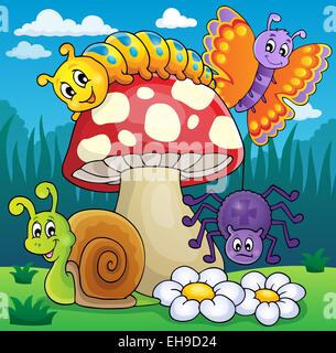 Toadstool with animals on meadow - picture illustration. Stock Photo