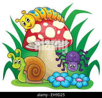 Toadstool with small animals - picture illustration. Stock Photo