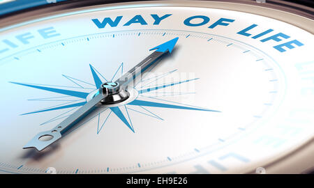 Compass with needle pointing the text way of life, concept image to illustrate changes in life, blue and beige tones. Stock Photo